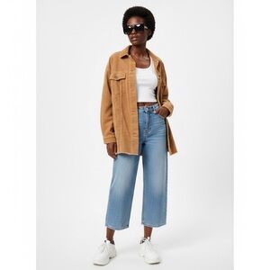 ZARA $50 Oversized Tan Corduroy Shacket Raw Hem Medium P2P 23-24” w/ pockets!